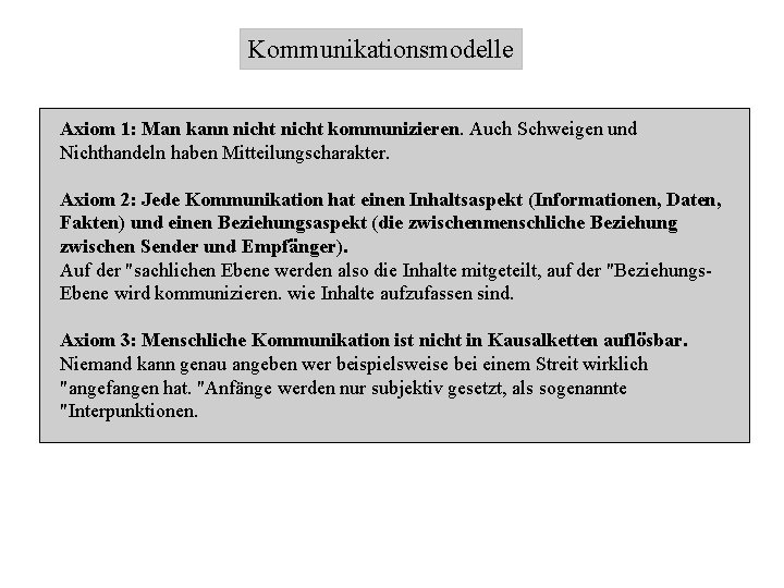 Kommunikationsmodelle Axiom 1: Man kann nicht kommunizieren. Auch Schweigen und Nichthandeln haben Mitteilungscharakter. Axiom