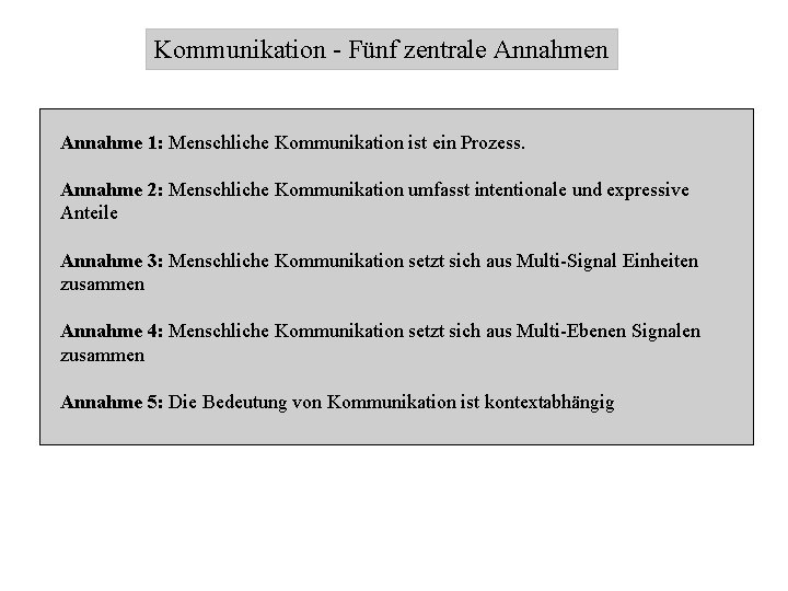 Kommunikation - Fünf zentrale Annahmen Annahme 1: Menschliche Kommunikation ist ein Prozess. Annahme 2: