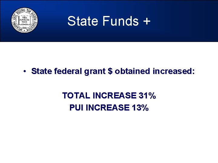 State Funds + • State federal grant $ obtained increased: TOTAL INCREASE 31% PUI