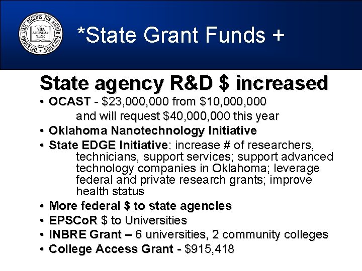 *State Grant Funds + State agency R&D $ increased • OCAST - $23, 000