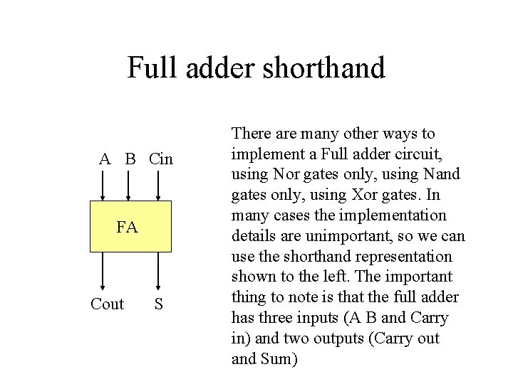 Full adder shorthand A B Cin FA Cout S There are many other ways