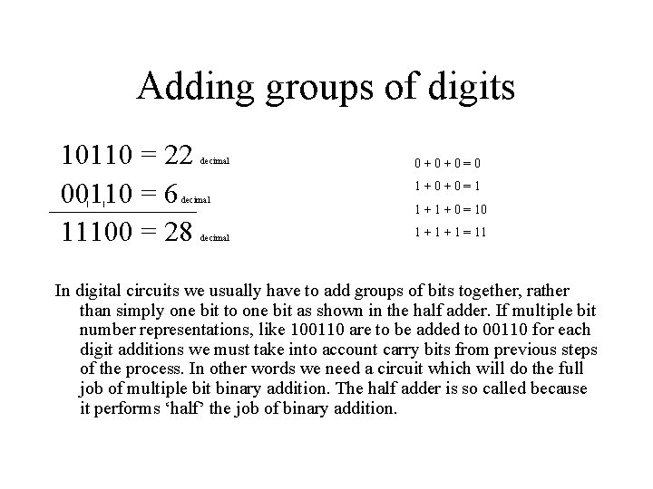 Adding groups of digits 10110 = 22 00110 = 6 11100 = 28 decimal