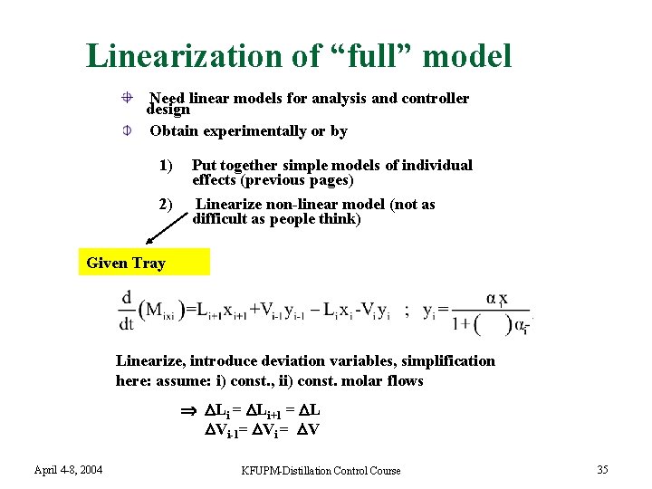 Linearization of “full” model Need linear models for analysis and controller design Obtain experimentally