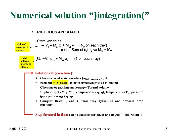 Numerical solution “)integration(” April 4 -8, 2004 KFUPM-Distillation Control Course 7 