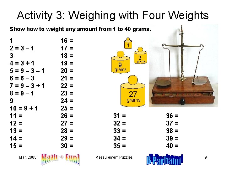 Activity 3: Weighing with Four Weights Show to weight any amount from 1 to