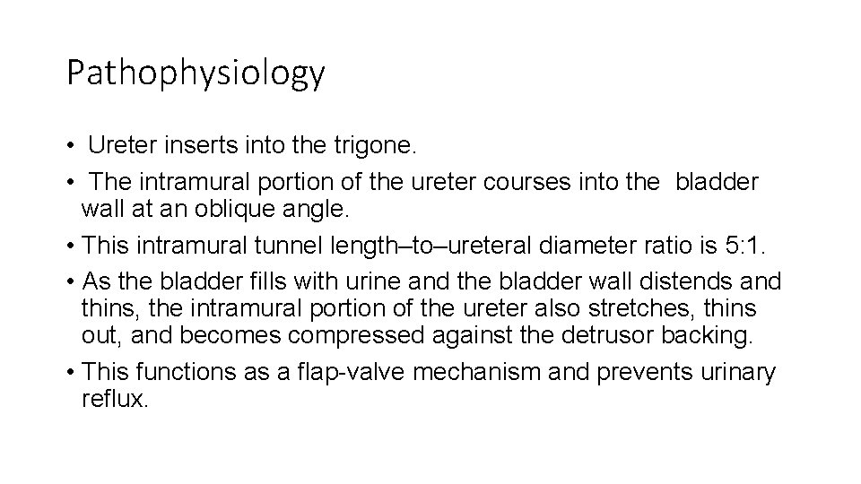 Pathophysiology • Ureter inserts into the trigone. • The intramural portion of the ureter