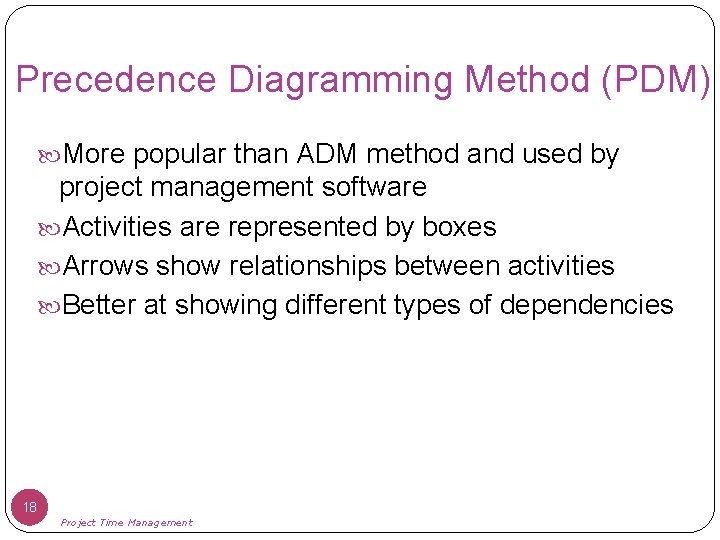 Precedence Diagramming Method (PDM) More popular than ADM method and used by project management