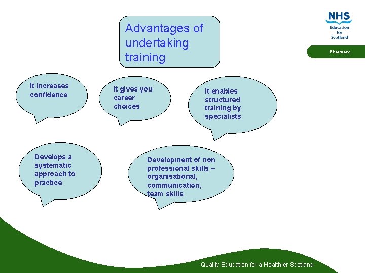 Advantages of undertaking training It increases confidence Develops a systematic approach to practice It
