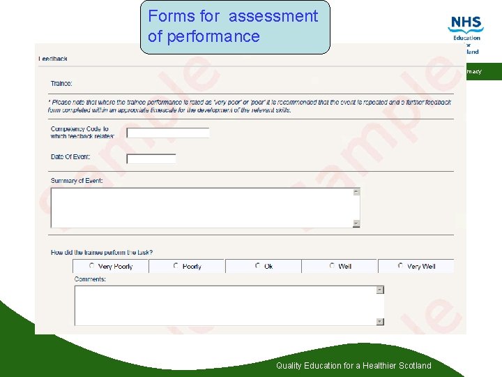 Forms for assessment of performance Pharmacy Quality Education for a Healthier Scotland 