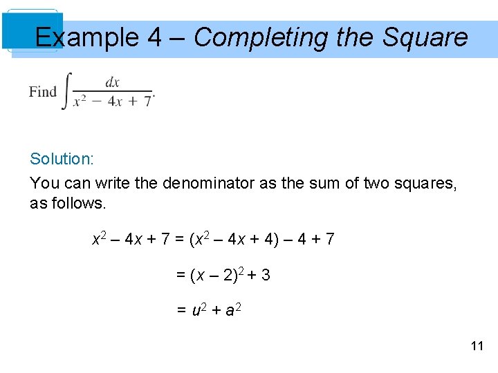 Example 4 – Completing the Square Solution: You can write the denominator as the