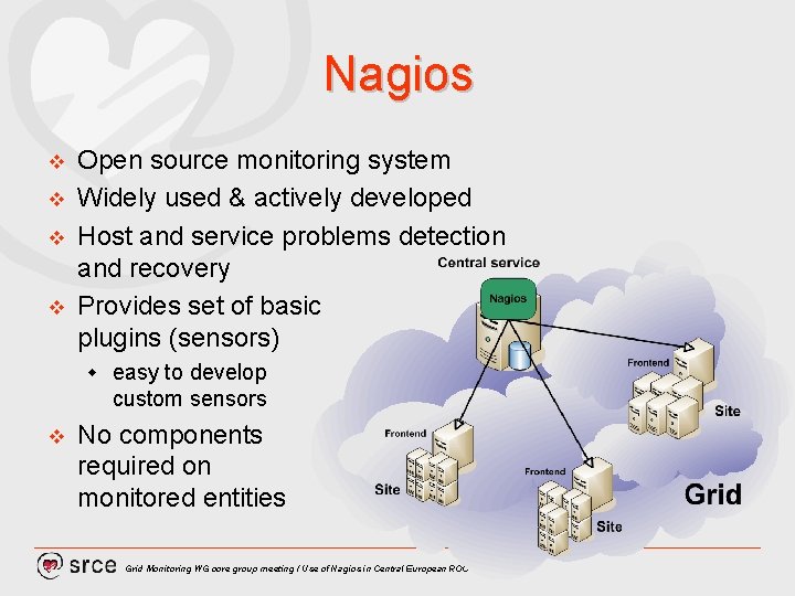 Nagios v v Open source monitoring system Widely used & actively developed Host and