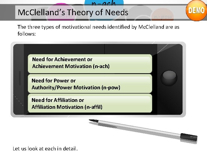 Mc. Clelland’s Theory of Needs The three types of motivational needs identified by Mc.