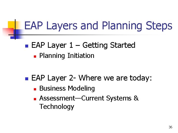 EAP Layers and Planning Steps n EAP Layer 1 – Getting Started n n