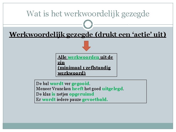 Wat is het werkwoordelijk gezegde Werkwoordelijk gezegde (drukt een ‘actie’ uit) Alle werkwoorden uit