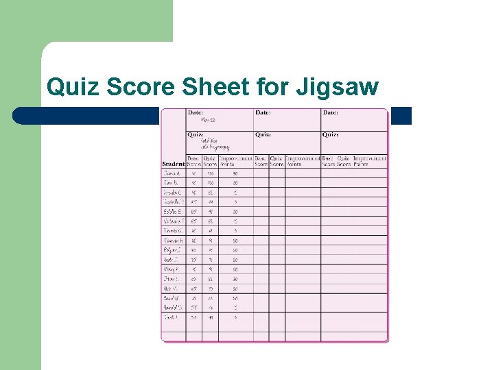 Quiz Score Sheet for Jigsaw Quiz Score Sheet for Jigsaw