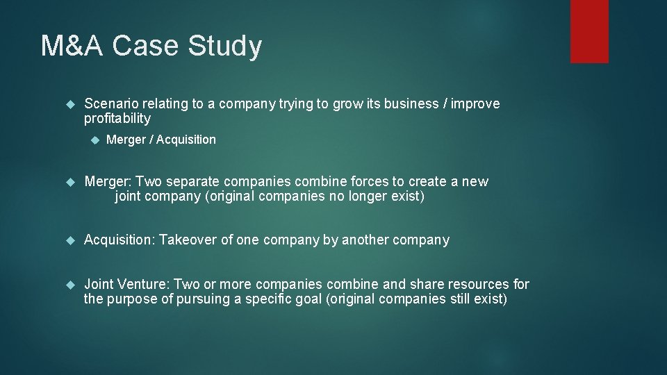 M&A Case Study Scenario relating to a company trying to grow its business /