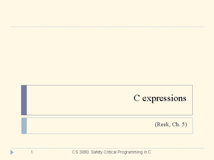 C expressions (Reek, Ch. 5) 1 CS 3090: Safety Critical Programming in C 