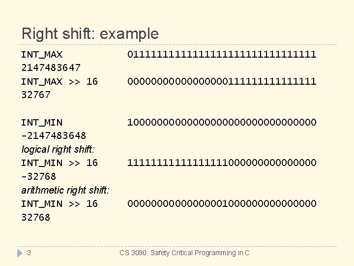 Right shift: example INT_MAX 2147483647 INT_MAX >> 16 32767 01111111111111111 INT_MIN -2147483648 logical right