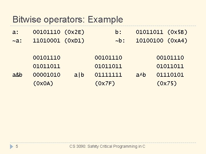 Bitwise operators: Example a: ~a: a&b 5 00101110 (0 x 2 E) 11010001 (0