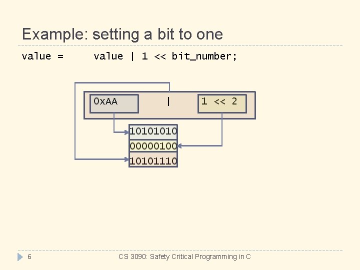 Example: setting a bit to one value = value | 1 << bit_number; 0