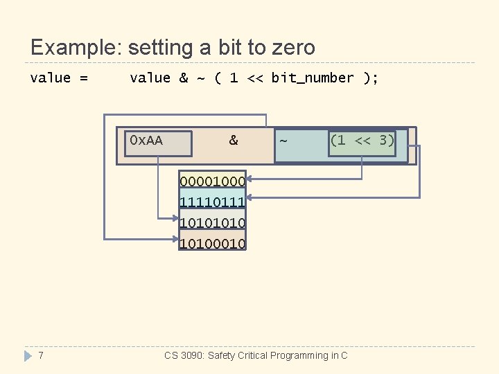 Example: setting a bit to zero value = value & ~ ( 1 <<