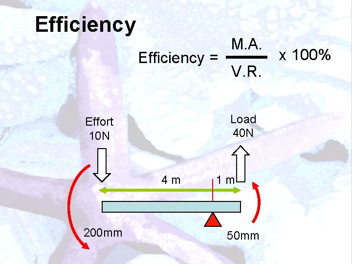 Efficiency = V. R. Load 40 N Effort 10 N 4 m 200 mm