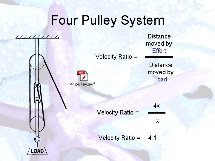 Four Pulley System Velocity Ratio = Distance moved by Effort Distance moved by Load
