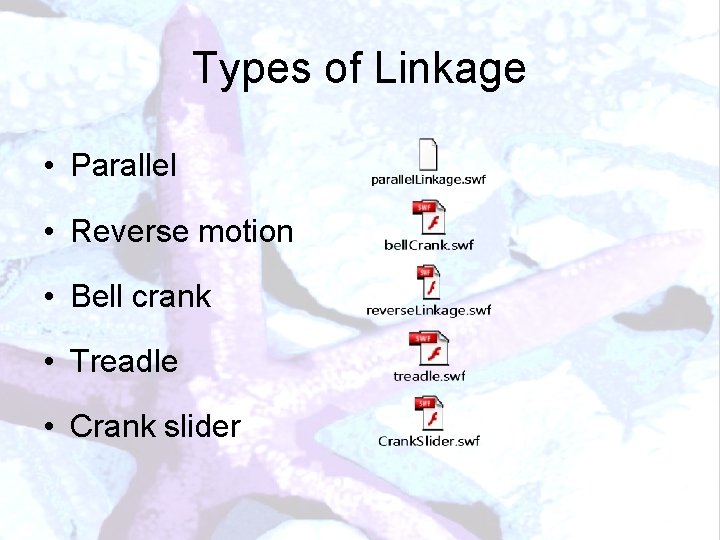 Types of Linkage • Parallel • Reverse motion • Bell crank • Treadle •