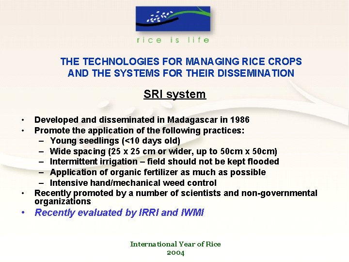 THE TECHNOLOGIES FOR MANAGING RICE CROPS AND THE SYSTEMS FOR THEIR DISSEMINATION SRI system