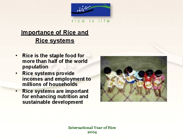 Importance of Rice and Rice systems • Rice is the staple food for more