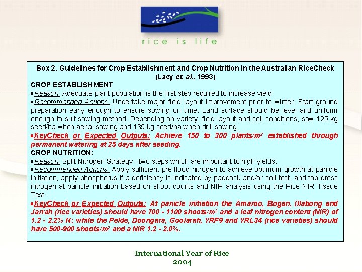 Box 2. Guidelines for Crop Establishment and Crop Nutrition in the Australian Rice. Check