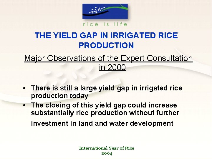 THE YIELD GAP IN IRRIGATED RICE PRODUCTION Major Observations of the Expert Consultation in
