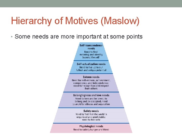 Hierarchy of Motives (Maslow) • Some needs are more important at some points 