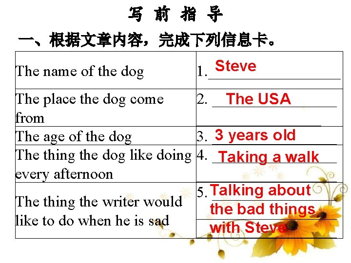 写 前 指 导 一、根据文章内容，完成下列信息卡。 The name of the dog Steve 1. _________ The