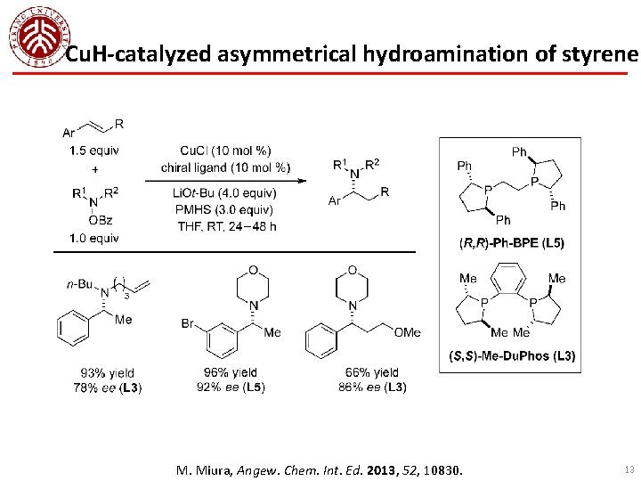 Cu. H-catalyzed asymmetrical hydroamination of styrene M. Miura, Angew. Chem. Int. Ed. 2013, 52,