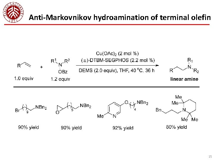 Anti-Markovnikov hydroamination of terminal olefin 15 