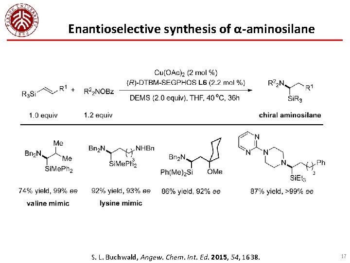 Enantioselective synthesis of α-aminosilane S. L. Buchwald, Angew. Chem. Int. Ed. 2015, 54, 1638.