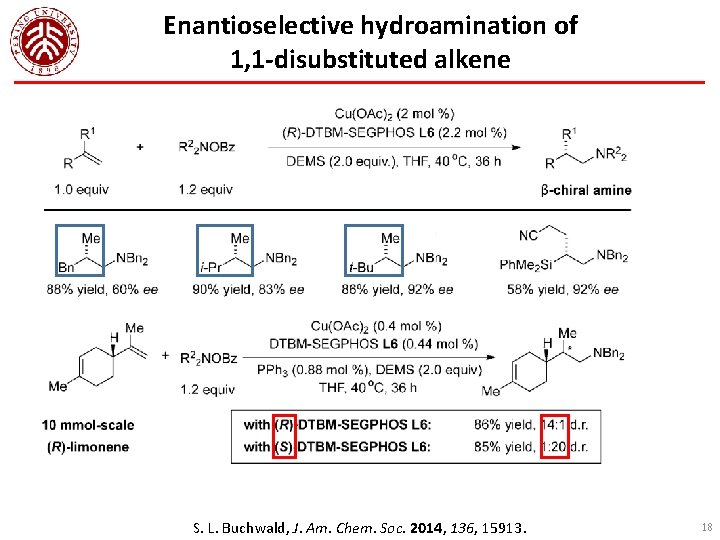 Enantioselective hydroamination of 1, 1 -disubstituted alkene S. L. Buchwald, J. Am. Chem. Soc.