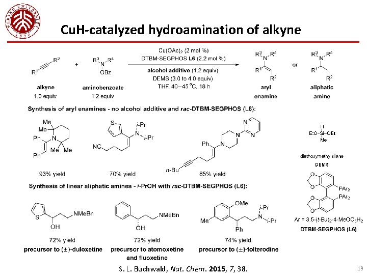 Cu. H-catalyzed hydroamination of alkyne S. L. Buchwald, Nat. Chem. 2015, 7, 38. 19