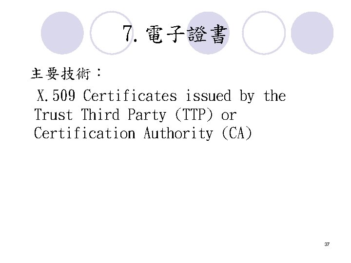 7. 電子證書 主要技術: X. 509 Certificates issued by the Trust Third Party (TTP) or 7. 電子證書 主要技術: X. 509 Certificates issued by the Trust Third Party (TTP) or