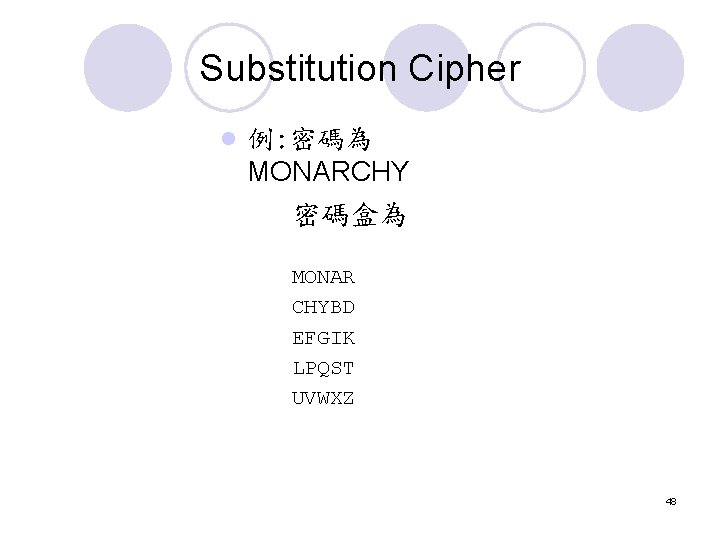 Substitution Cipher l 例: 密碼為 MONARCHY 密碼盒為 MONAR CHYBD EFGIK LPQST UVWXZ 48 Substitution Cipher l 例: 密碼為 MONARCHY 密碼盒為 MONAR CHYBD EFGIK LPQST UVWXZ 48