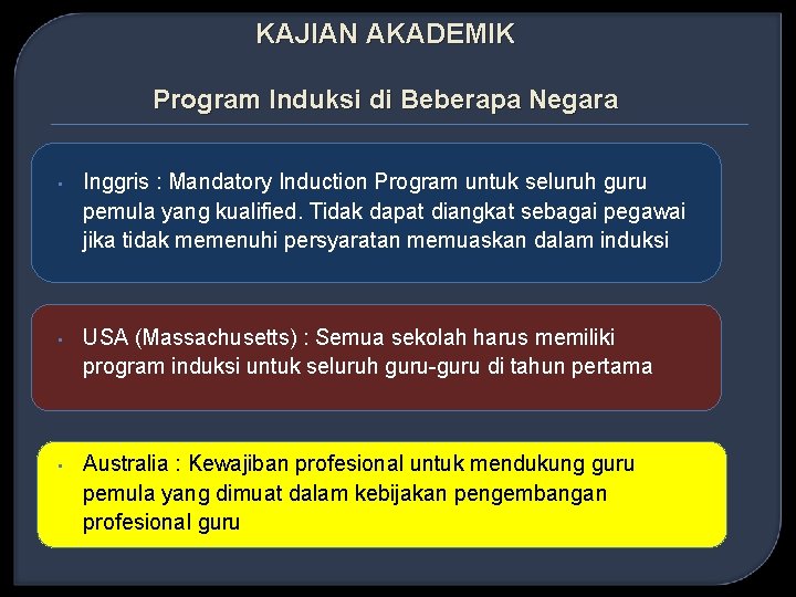 KAJIAN AKADEMIK Program Induksi di Beberapa Negara • Inggris : Mandatory Induction Program untuk