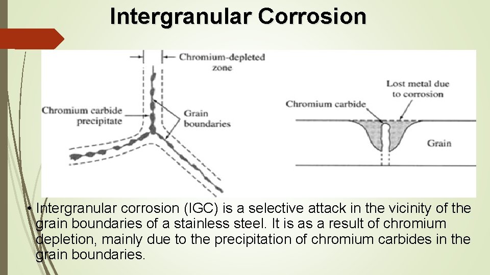 Intergranular Corrosion • Intergranular corrosion (IGC) is a selective attack in the vicinity of