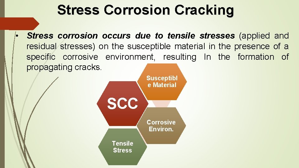 Stress Corrosion Cracking • Stress corrosion occurs due to tensile stresses (applied and residual