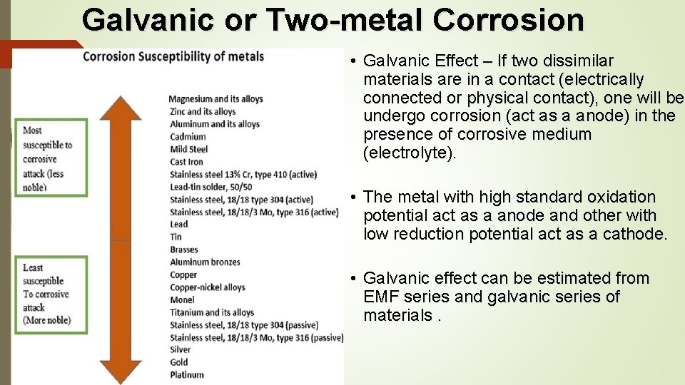 Galvanic or Two-metal Corrosion • Galvanic Effect – If two dissimilar materials are in