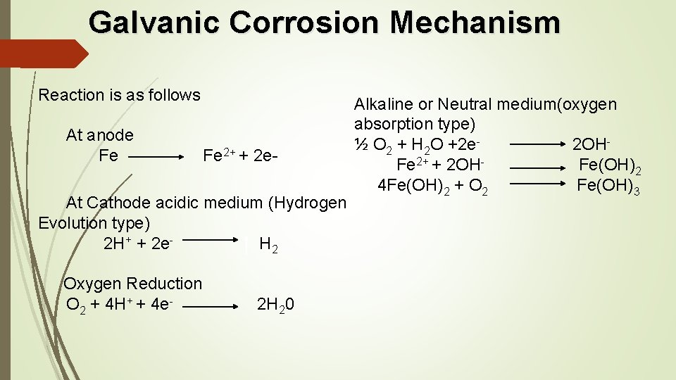 Galvanic Corrosion Mechanism Reaction is as follows At anode Fe 2+ + 2 e