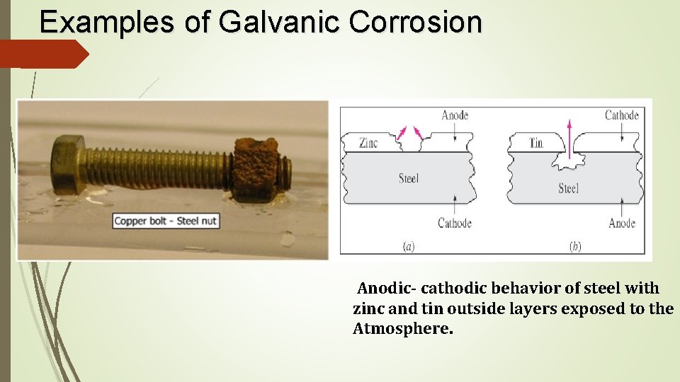 Examples of Galvanic Corrosion Anodic- cathodic behavior of steel with zinc and tin outside