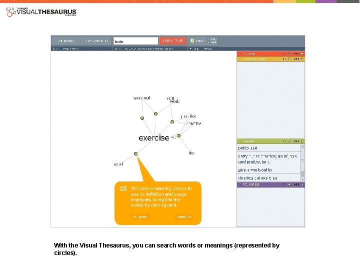 With the Visual Thesaurus, you can search words or meanings (represented by circles). 