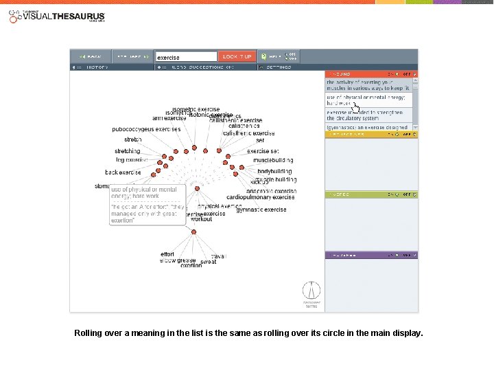 Rolling over a meaning in the list is the same as rolling over its