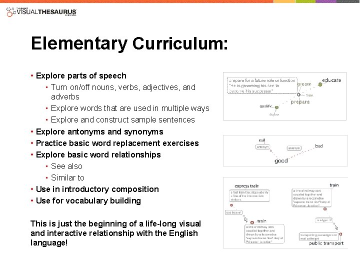 Elementary Curriculum: • Explore parts of speech • Turn on/off nouns, verbs, adjectives, and